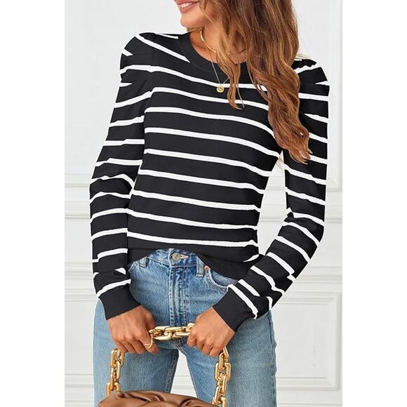 Womens Medium Long Puff Sleeve Crew Neck Shirt - Picture 2 of 5